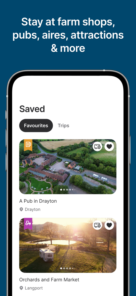 Brit Stops - Brit Stops app interface showing saved motorhome stopover locations