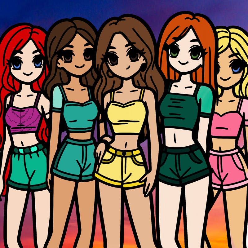 a group of girls wearing crop tops and shorts