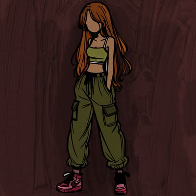girl in baggy pants crop top and long hair