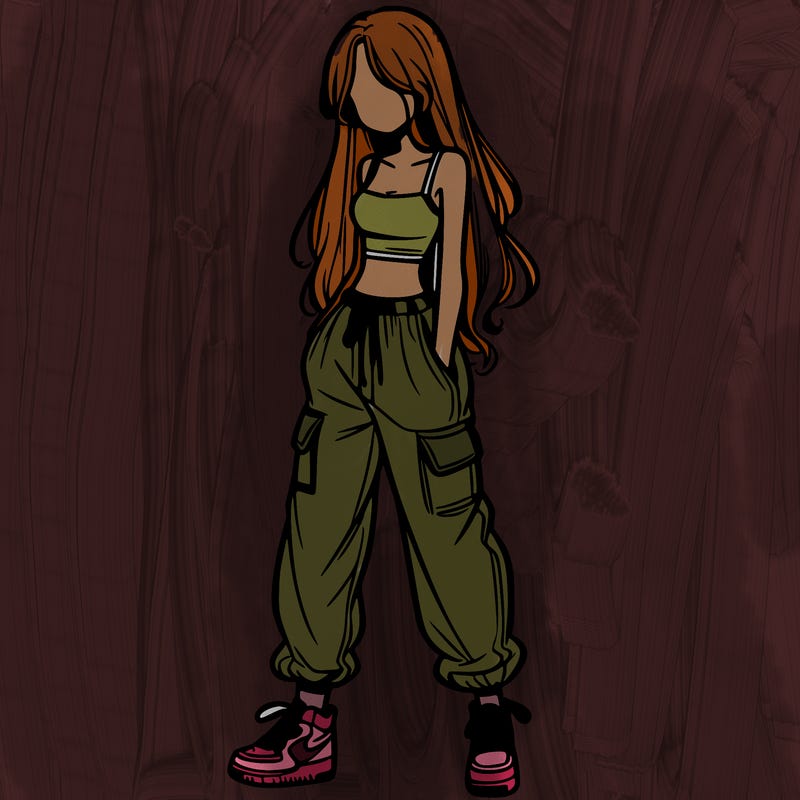 girl in baggy pants crop top and long hair