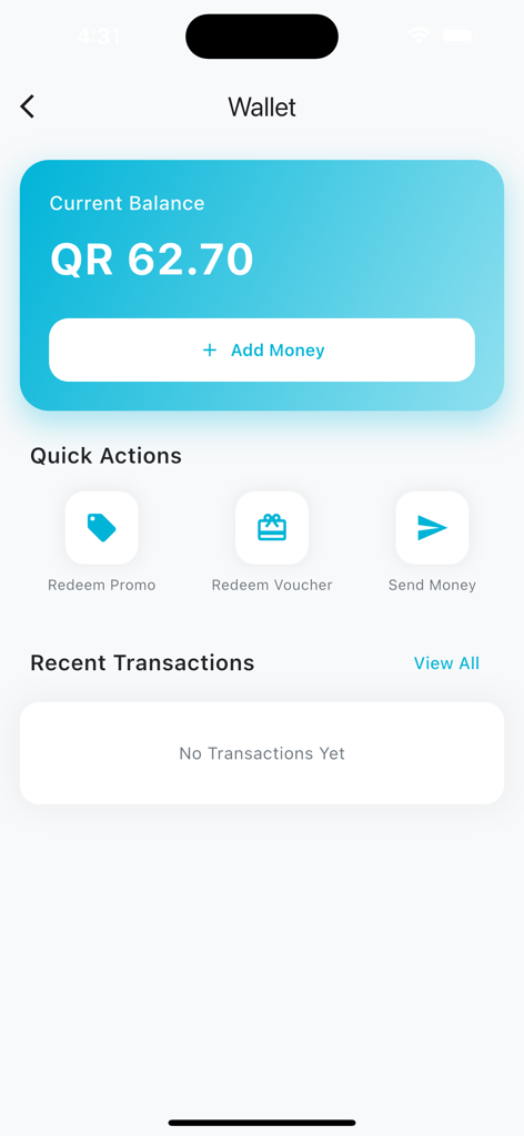 OWLO scooter app wallet screen displaying current balance and quick actions.