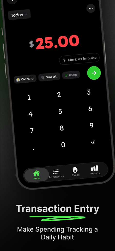 Spending Tracker: Cashscreen - Mobile app interface of Cashscreen showing a transaction entry screen with a large red 25 dollar amount and a numeric keypad
