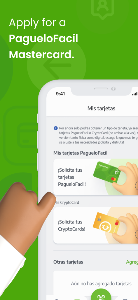 PagueloFacil - Pantalla que muestra opciones para solicitar la Mastercard PagueloFacil y la CryptoCard