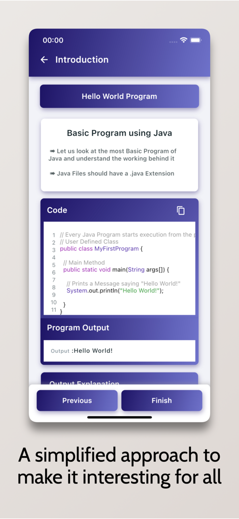 Screenshot of the Learn Java app showing a Hello World program code snippet and output explanation