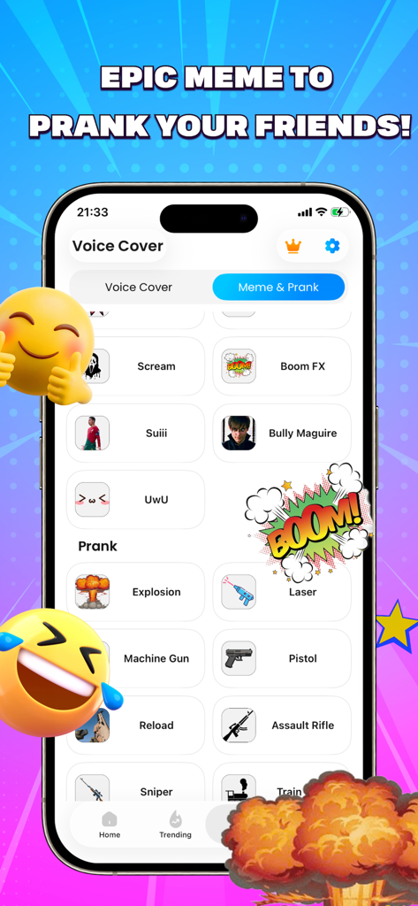 Reverse Audio: Singing Trend - Reverse Audio app interface showing meme and prank soundboard effects