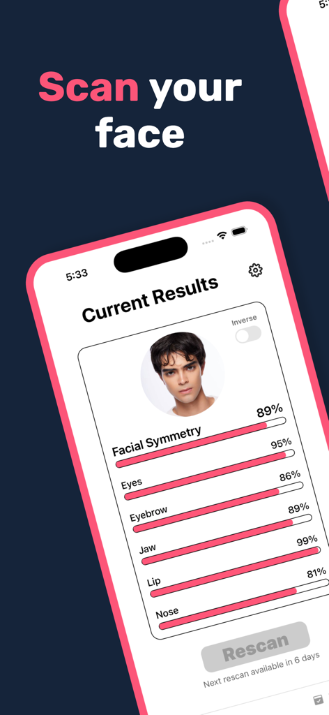 A mobile interface of Symmetry AI displaying facial symmetry analysis scores for various features like eyes jaw and nose