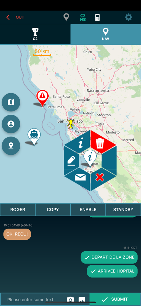 Helitracking app interface showing helicopter tracking on a map with mission status updates and communication buttons