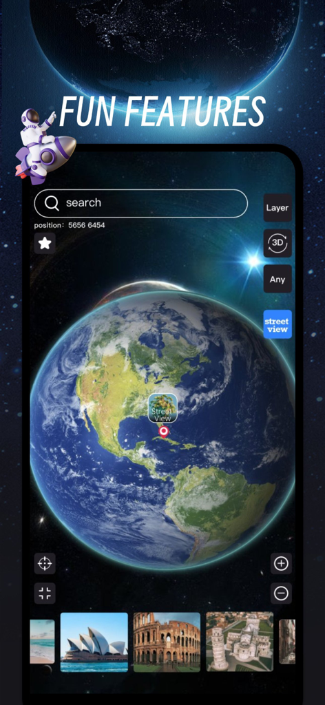 3D World Map VR - Screenshot of the 3D World Map VR app interface showing a 3D globe and world landmarks for virtual travel.