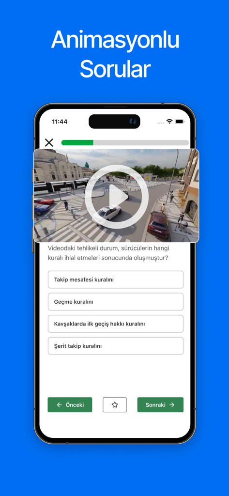 Ehliyet Rehberi Sınav Soruları - Turkish driver license exam app interface showing an animated traffic question with multiple choice options