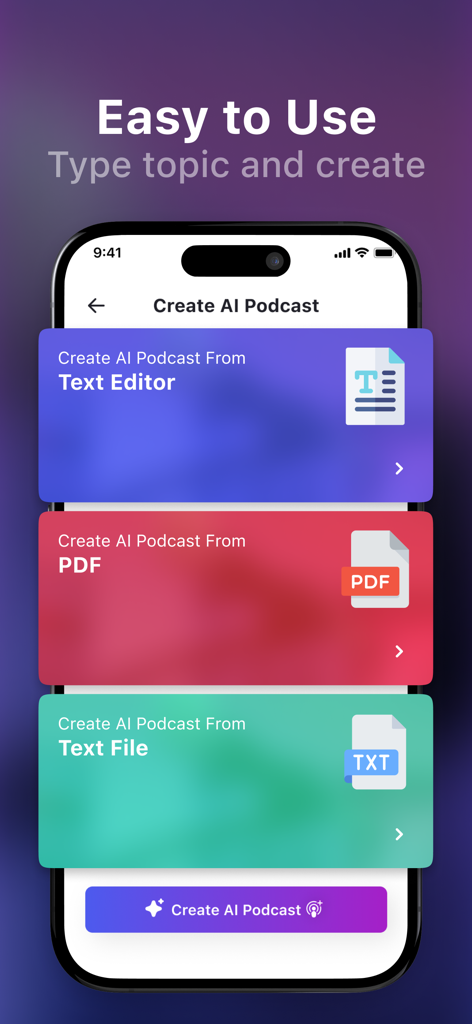 AI Podcast Creator PodcastDog - Interface of PodcastDog showing options to create AI podcasts from text editor PDF or text files