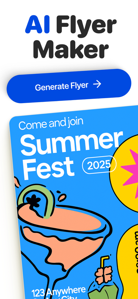 AI Flyer Maker, Poster Creator - KI Flyer Ersteller App-Oberfläche, die ein modernes Design für ein Sommerfest-Event-Flyer 2025 mit einem Button zum Generieren von Flyern zeigt.