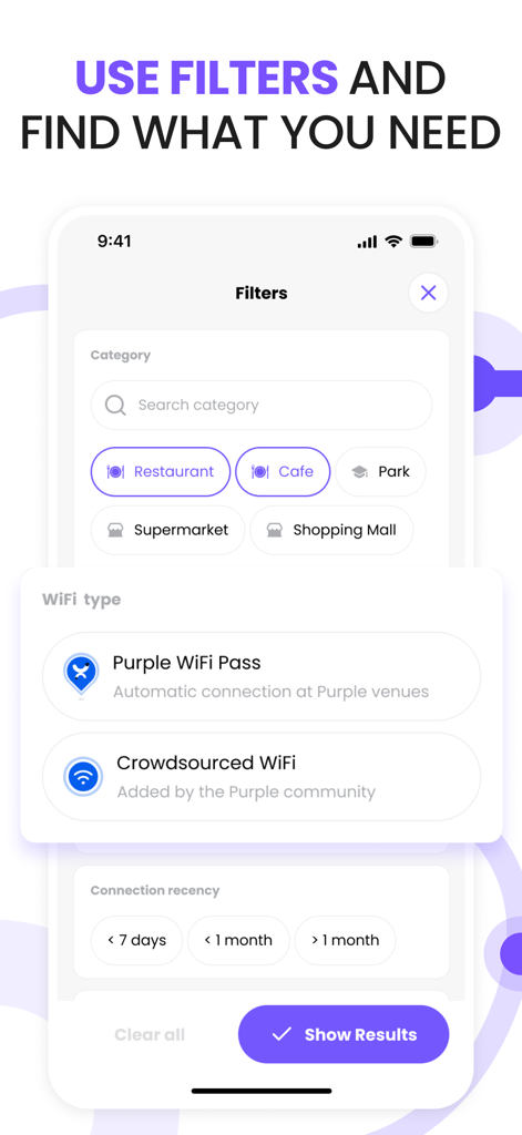 Purple - WiFi Map - Interface of the Purple WiFi Map app showing search filters for hotspots by category and connection type.