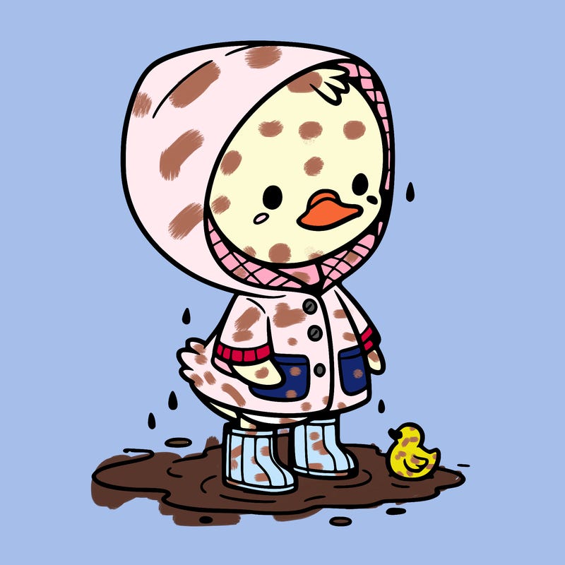 baby duck in a rain coat and boots, in a puddle while it’s raining