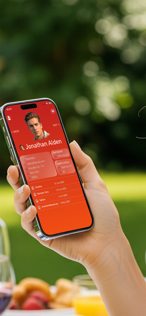 iSexSpinner Kamasutra Premium - A smartphone screen displaying a partner profile and sex diary history within the iSexSpinner app.