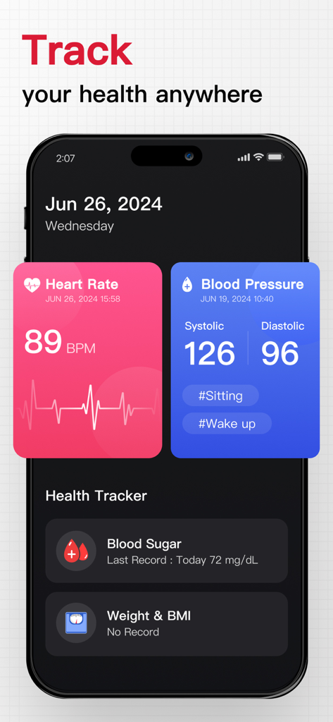Heart Rate Monitor · Pulse App - Mobile app interface showing heart rate blood pressure and blood sugar measurements