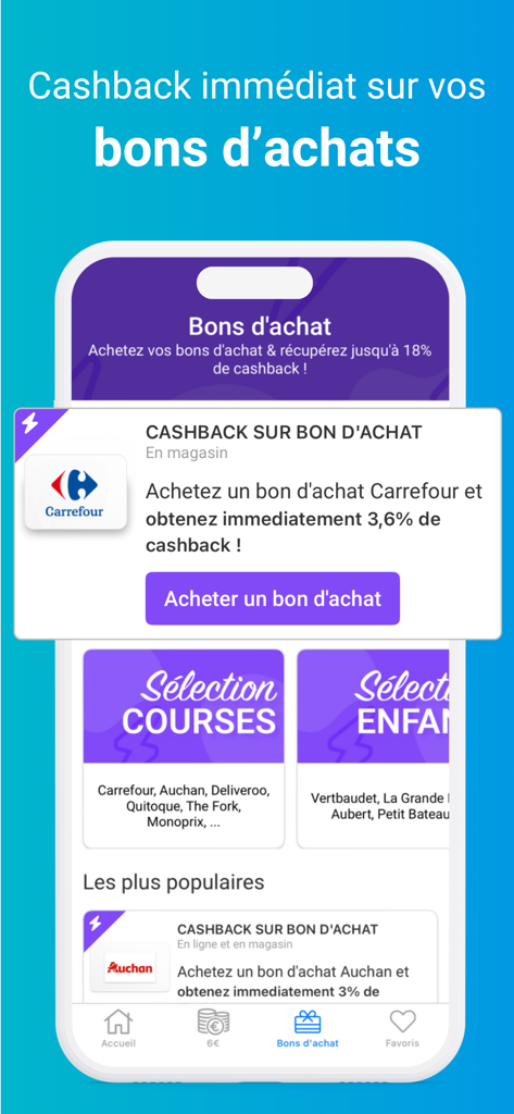 Poulpeo Cashback & Code promo - Ecrã da aplicação móvel Poulpeo mostrando ofertas de cashback instantâneo em vales de compras e cartões de oferta para retalhistas como Carrefour