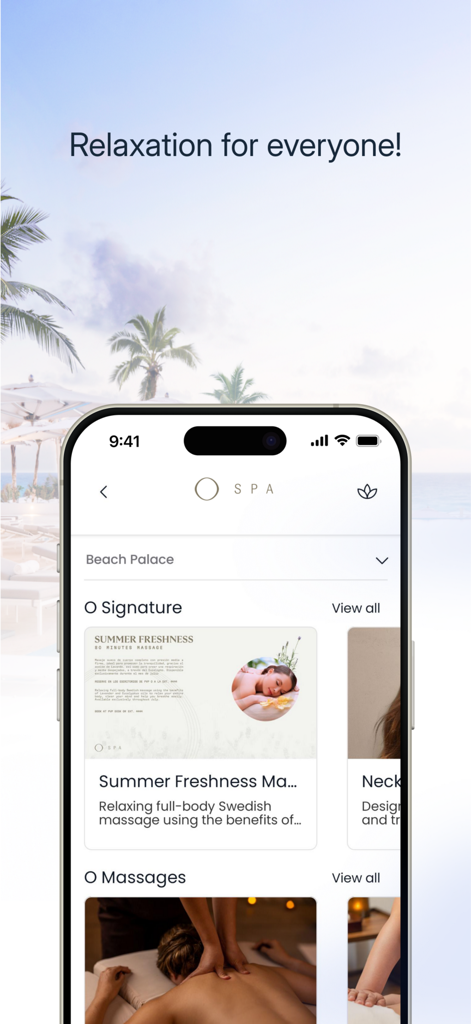 Palace Resorts mobile app screen for booking spa treatments and massages