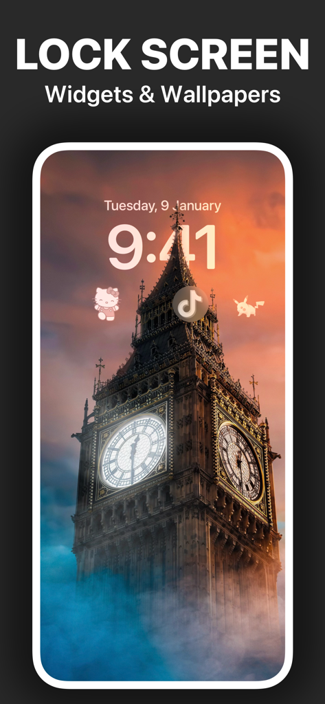 Brass - Icon Themes & Widgets - Tela de bloqueio do iPhone mostrando um papel de parede do Big Ben com widgets personalizados do Hello Kitty e TikTok.