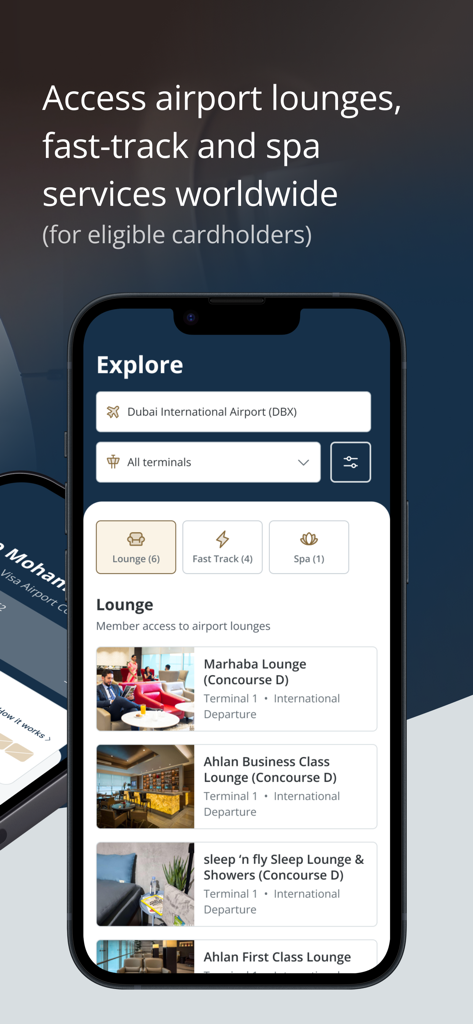 Visa Airport Companion - ドバイ国際空港で利用可能なラウンジのリストを表示するVisa Airport Companionモバイルアプリのインターフェース