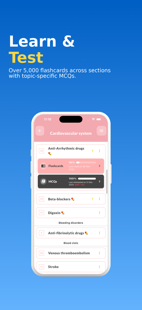 Flash Pharmacy - Flash Pharmacy app interface displaying cardiovascular system study modules and progress tracking