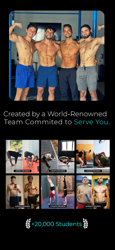 Expert trainers and student transformation progress photos from the Saturno Movement app showing calisthenics and mobility results.