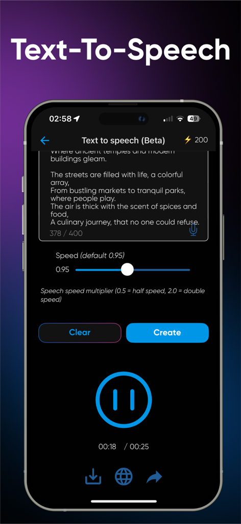 AI Hub: 50+ Open Source LLM - Interface of the AI Hub app showing text to speech generation with playback and speed controls