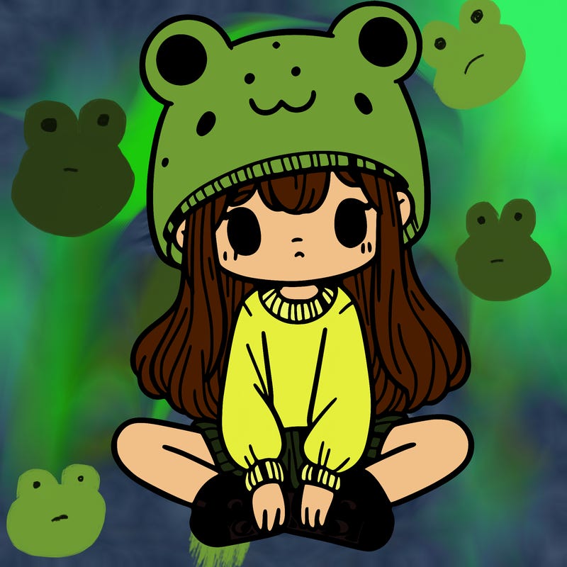 a girl wearing a frog hat and some frog socks