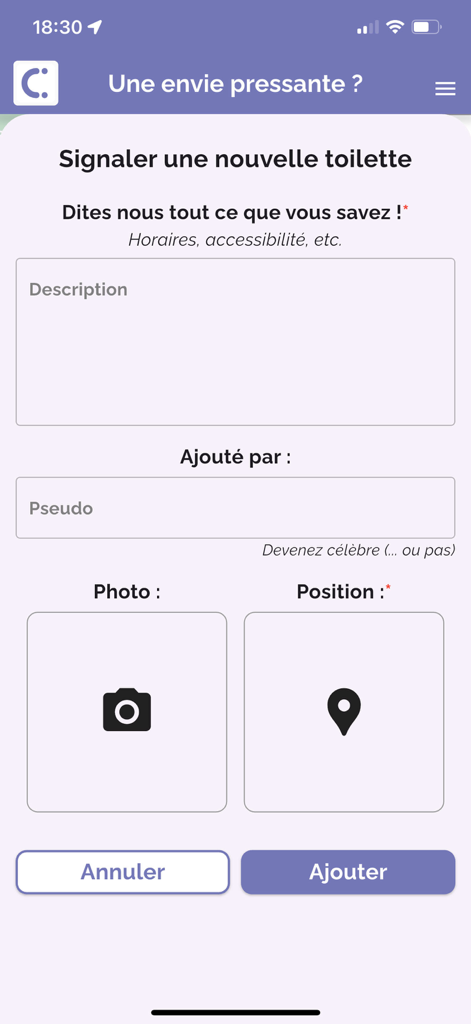 Interface para relatar um novo local de banheiro no aplicativo móvel ICI toilettes