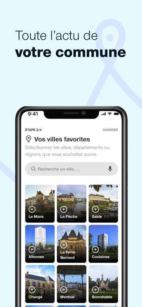 Le Maine Libre - Le Journal - Um smartphone mostrando a tela de seleção de cidade para notícias locais no aplicativo Le Maine Libre