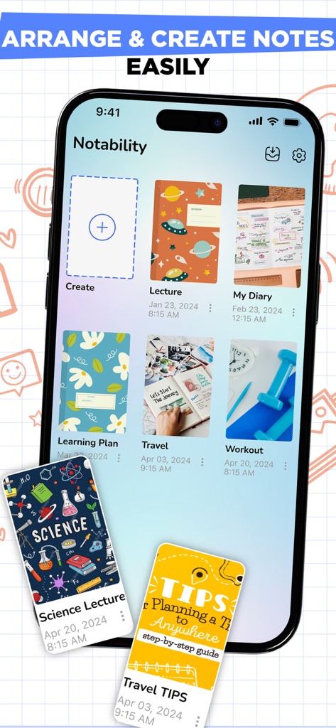 Notes: Note taking & writing - Interfaz de la aplicación de toma de notas digitales que muestra cuadernos organizados con portadas estéticas personalizadas en un iPhone