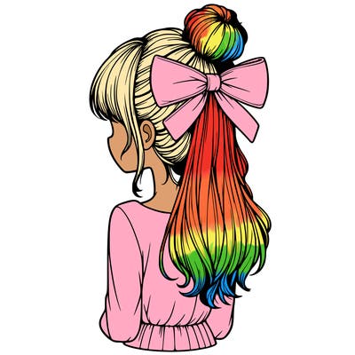 realistic girl  with hip length hair a bun and a big bow on the back of head