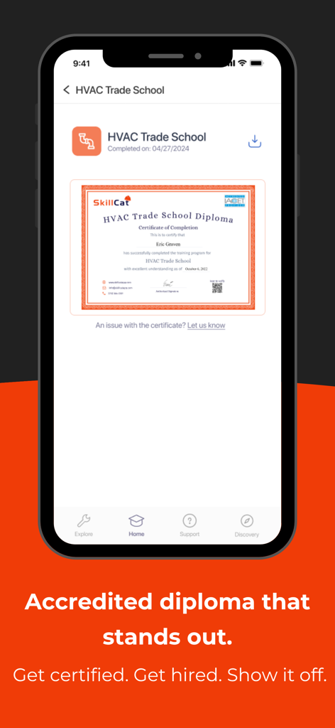 Ein akkreditiertes HLK-Handelsschuldiplom, angezeigt auf einem Smartphone in der SkillCat-App.