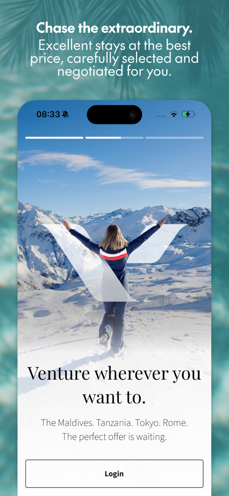 Écran de connexion de l'application Voyage Privé présentant une femme dans une station de montagne enneigée avec des titres évoquant le voyage de luxe