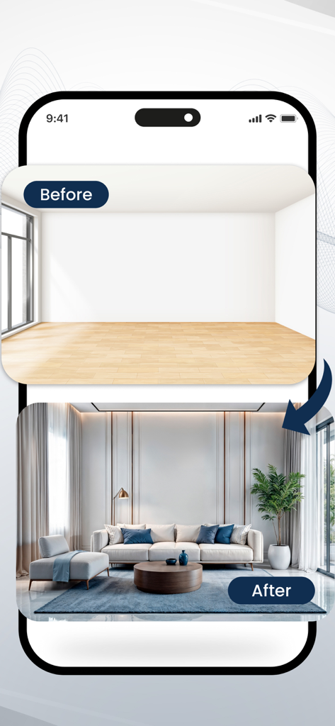 Before and after comparison showing an empty room transformed into a modern luxury living room using HomeGPT AI interior design.