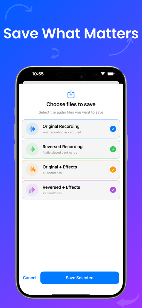 Sound Reverser: Audio Effects - Capture d'écran de l'application Sound Reverser montrant plusieurs options pour enregistrer des fichiers audio, y compris des enregistrements originaux et des versions inversées avec des effets.