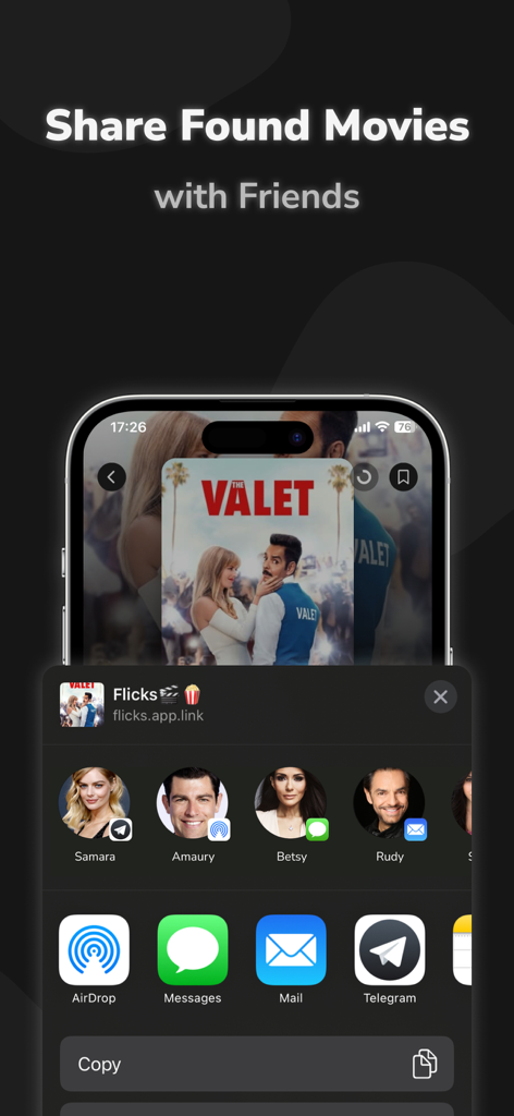 Movie Finder by Image or Video - Flicksアプリのインターフェース。iOS共有シートを使用して、映画検索結果を友人と共有する方法を示しています。