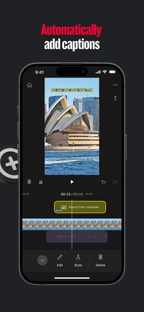 Un écran de smartphone montrant l'interface de l'application YouTube Create où des légendes automatiques sont ajoutées à un clip vidéo de l'Opéra de Sydney