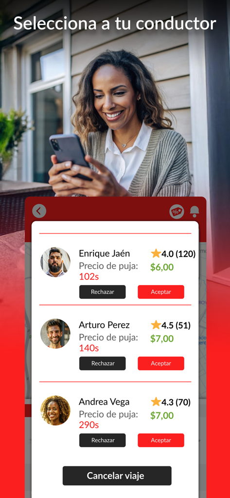 Wageen: Pide tu viaje - Interface of the Wageen app showing a list of available drivers with their ratings and price bids for a trip selection.
