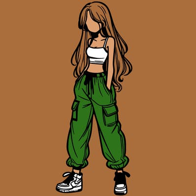 girl in baggy pants crop top and long hair