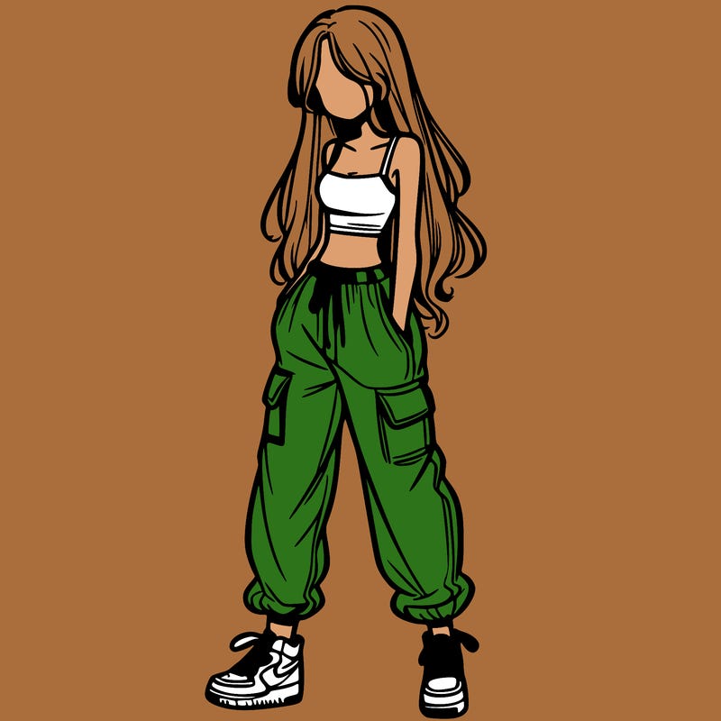 girl in baggy pants crop top and long hair