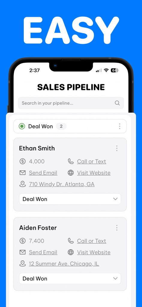 Interface do aplicativo de CRM móvel mostrando negócios ganhos e informações de contato do cliente