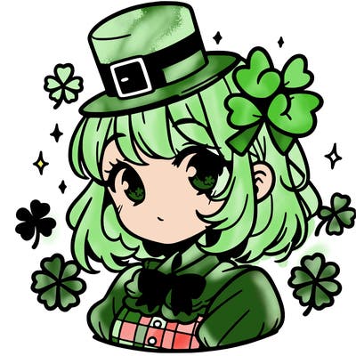 a manga-style girl with clovers around her, a little hat in her hair, like it's saint patrick's day