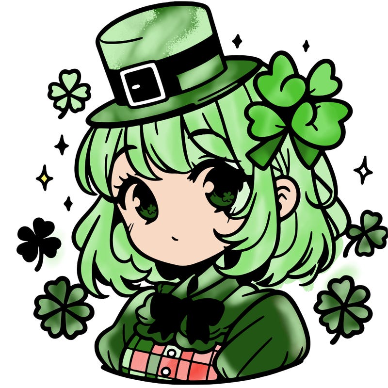 a manga-style girl with clovers around her, a little hat in her hair, like it's saint patrick's day
