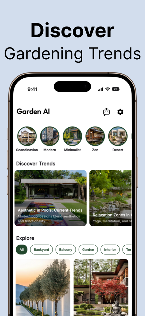 Une interface d'application mobile intitulée « Découvrir les tendances du jardinage » montrant divers styles de paysage comme le scandinave et le zen