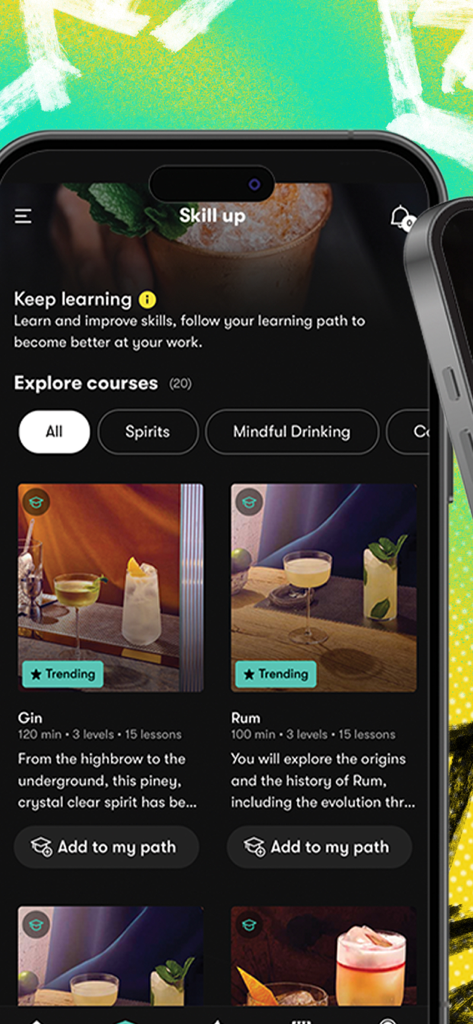 Freepour - For Pro Bartenders - Screenshot of the Freepour app Skill up section showing educational courses for professional bartenders on Gin and Rum.