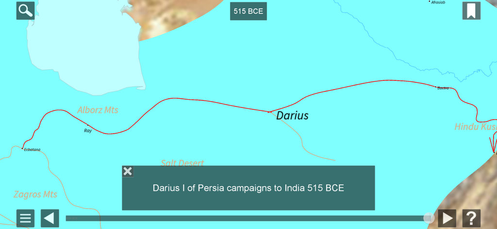 World History Maps: Ancient - Historical map showing the military campaign of Darius I of Persia to India in 515 BCE