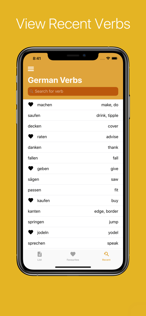 German Verb Conjugator - A screen showing a list of recently viewed German verbs with their English translations in the German Verb Conjugator app