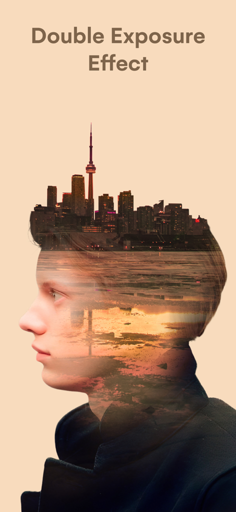 Blend Photos - Creative double exposure effect blending a portrait with a city skyline at sunset