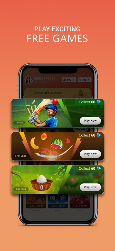 Smartphone screen showing free casual games and diamond rewards in the Big Sports app