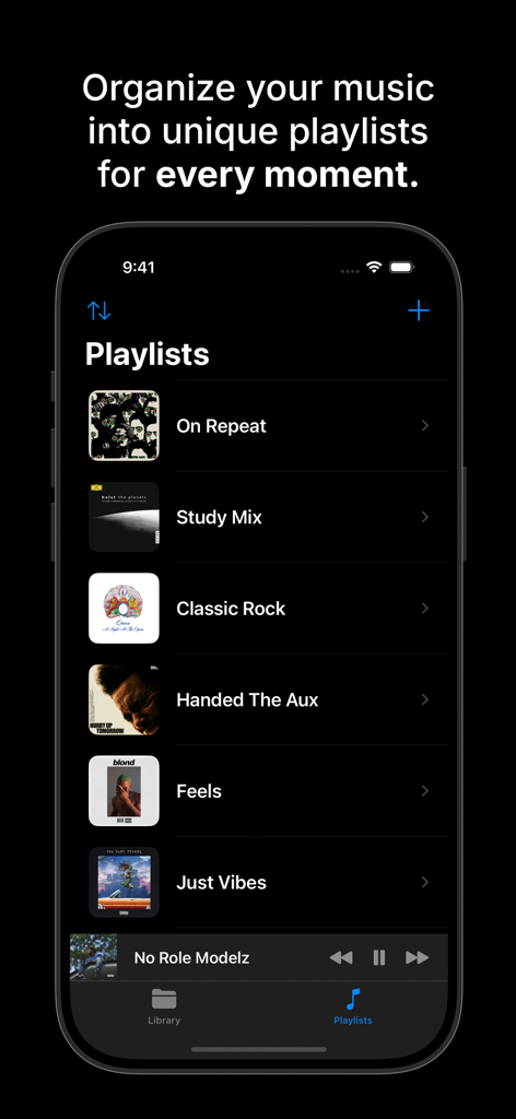 Sonora - Offline Music Player - Sonora offline music player interface showing the playlists screen with custom collections like Study Mix and Classic Rock